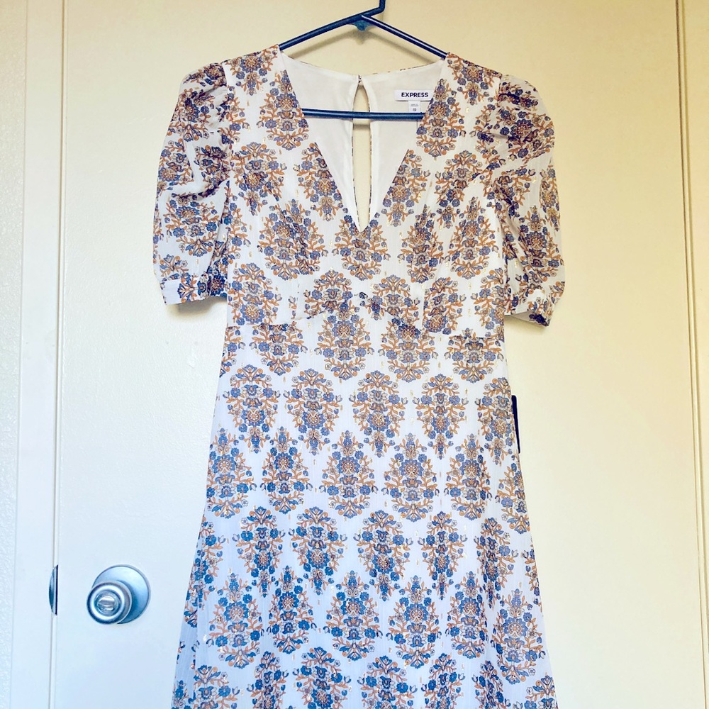 Express Summer Dress XS Cream Off-White w/Blue & Gold Paisley Keyhole Back